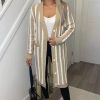 Knitwear * | Cheap Miss Floral Striped Button Front Long Cardigan With Pocket In Beige