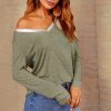 Tops * | Outlet Fs Collection Long Sleeves Silver Trim Simple Style T Shirt Top In Olive Green