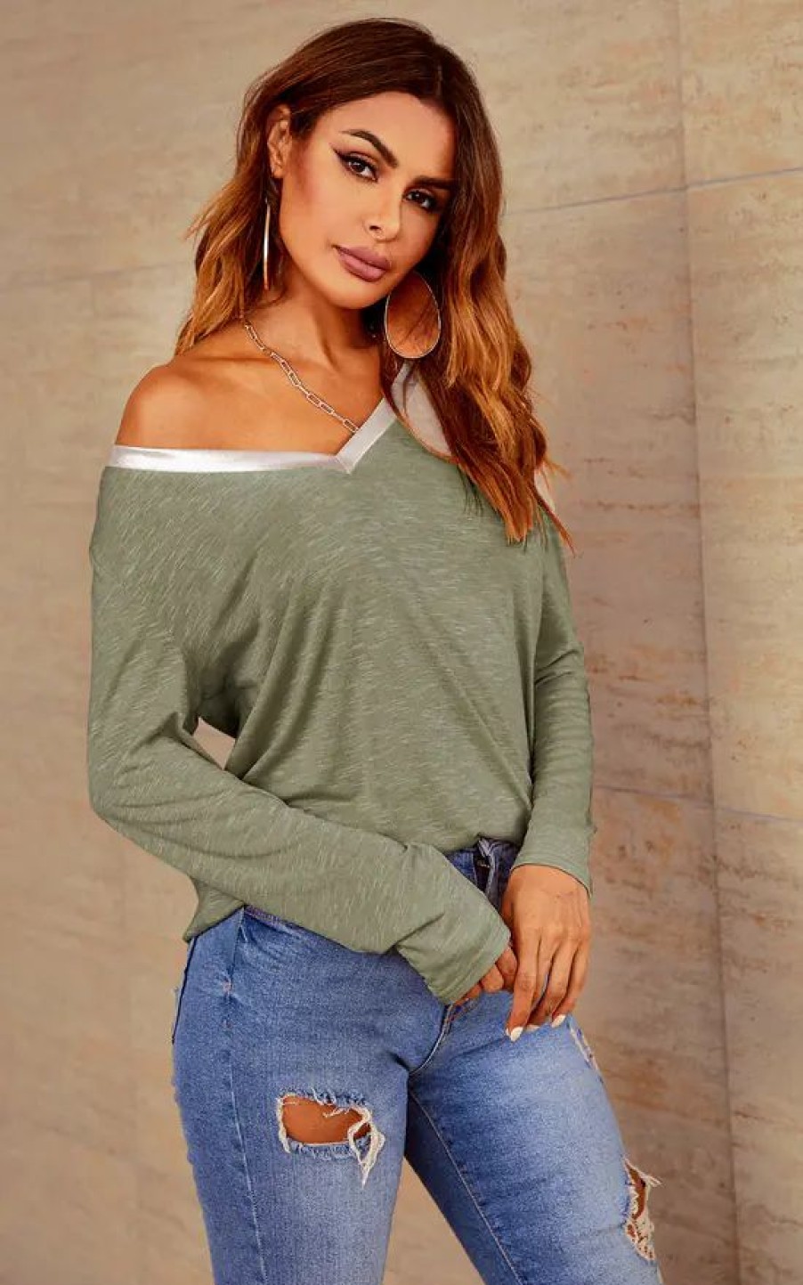 Tops * | Outlet Fs Collection Long Sleeves Silver Trim Simple Style T Shirt Top In Olive Green