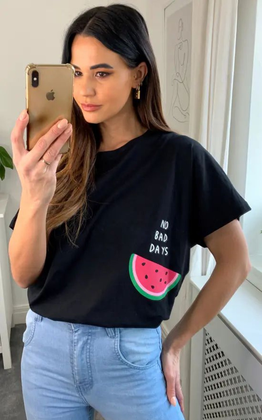 Tops * | Coupon Hoxton Gal Oversized Watermelon Relaxed T Shirt In Black