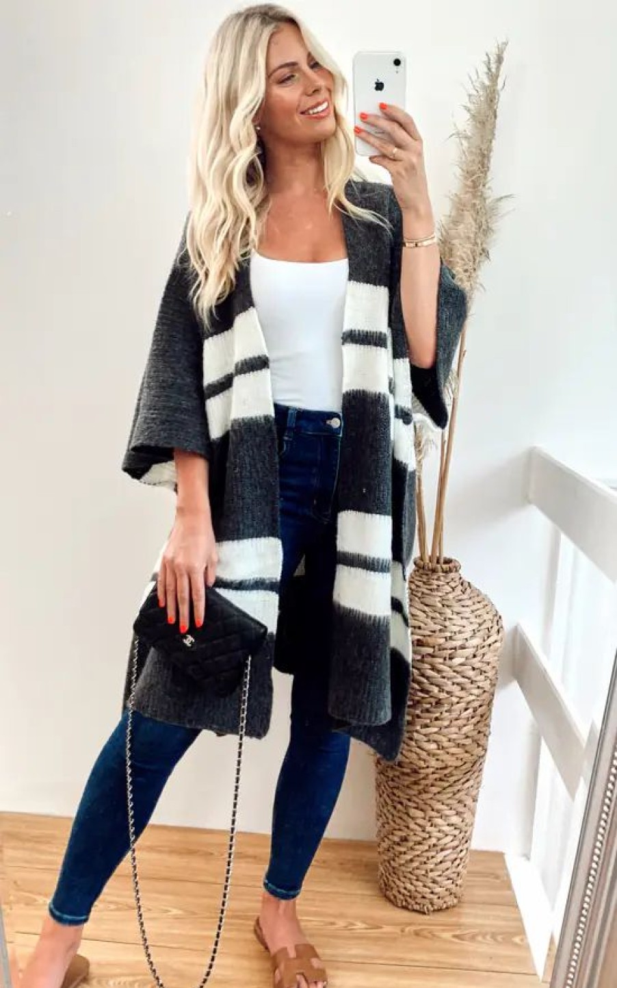 Knitwear * | Brand New Cy Boutique Knitted Poncho Cape In Grey And White Stripe