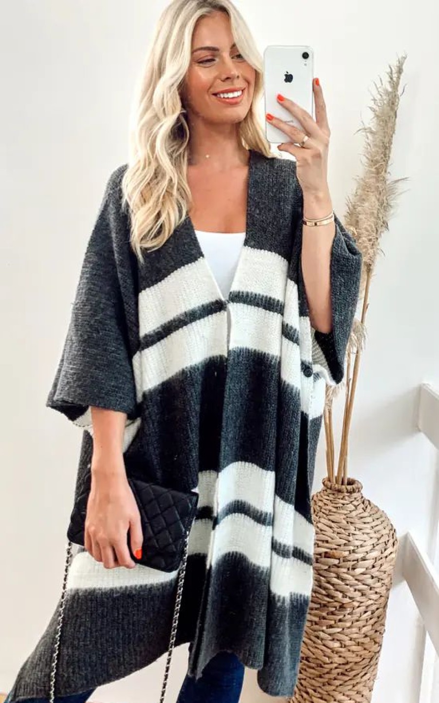 Knitwear * | Brand New Cy Boutique Knitted Poncho Cape In Grey And White Stripe