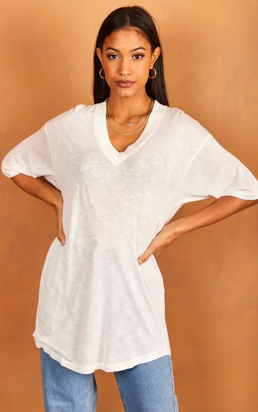 Tops * | Cheap Jjxx Longline V Neck T Shirt In White