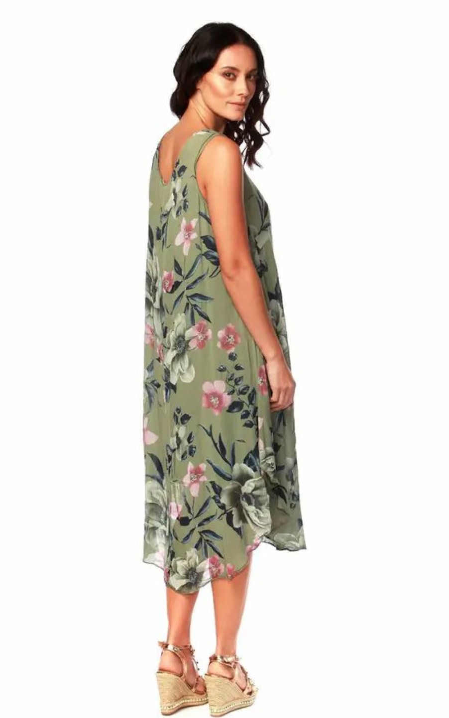 Dresses * | Deals Want That Trend Sleeveless Relaxed Fit Dress In Khaki Floral Print