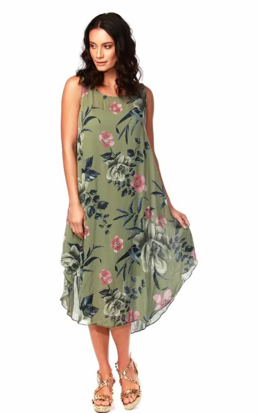 Dresses * | Deals Want That Trend Sleeveless Relaxed Fit Dress In Khaki Floral Print