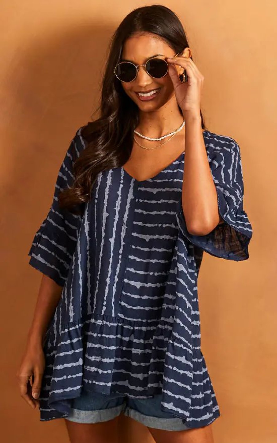 Tops * | Best Pirce Bella And Blue Striped Frill Hem Top In Navy And White