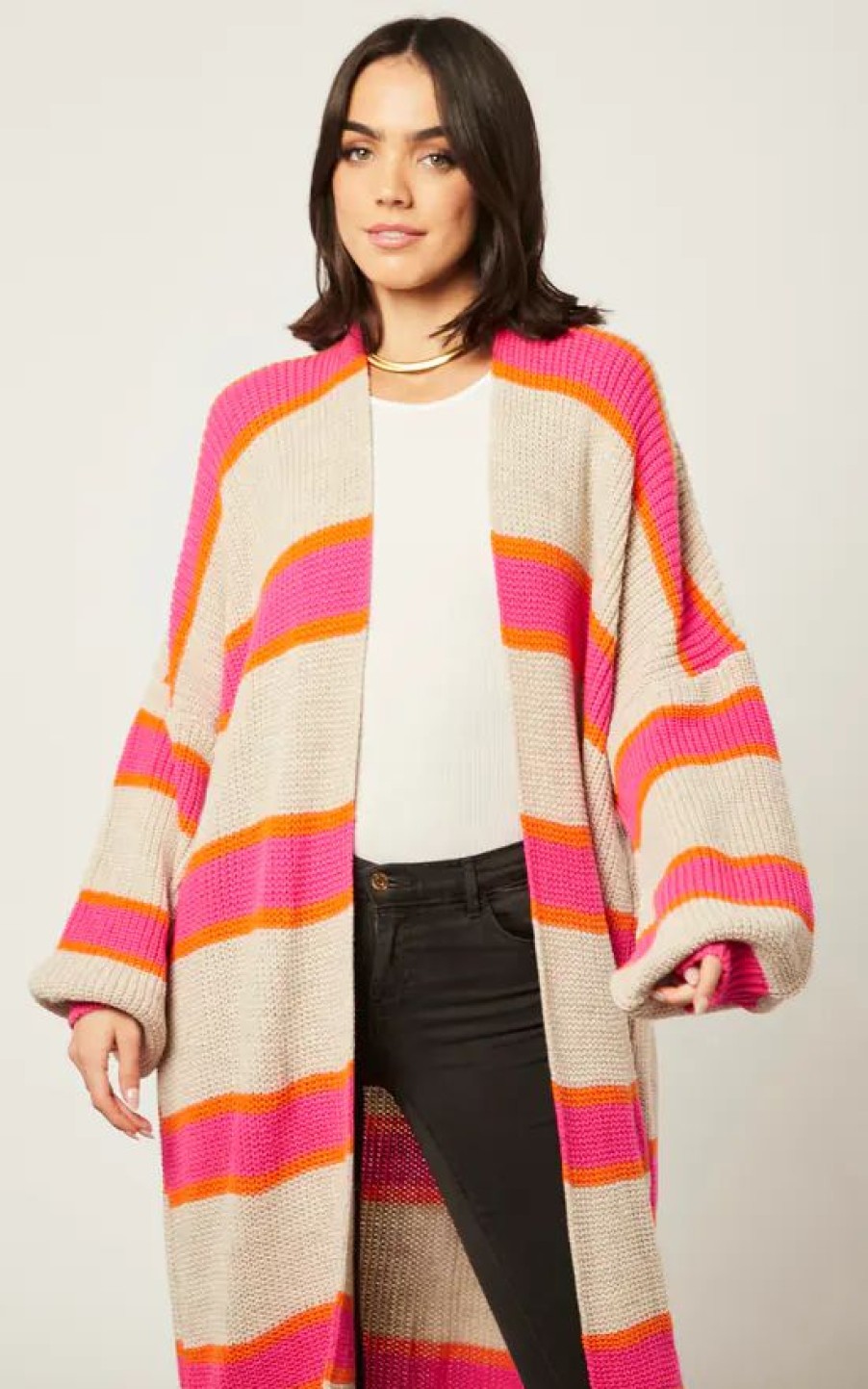 Knitwear * | Budget Jenerique Multicolour Longline Cardigan In Beige/Pink