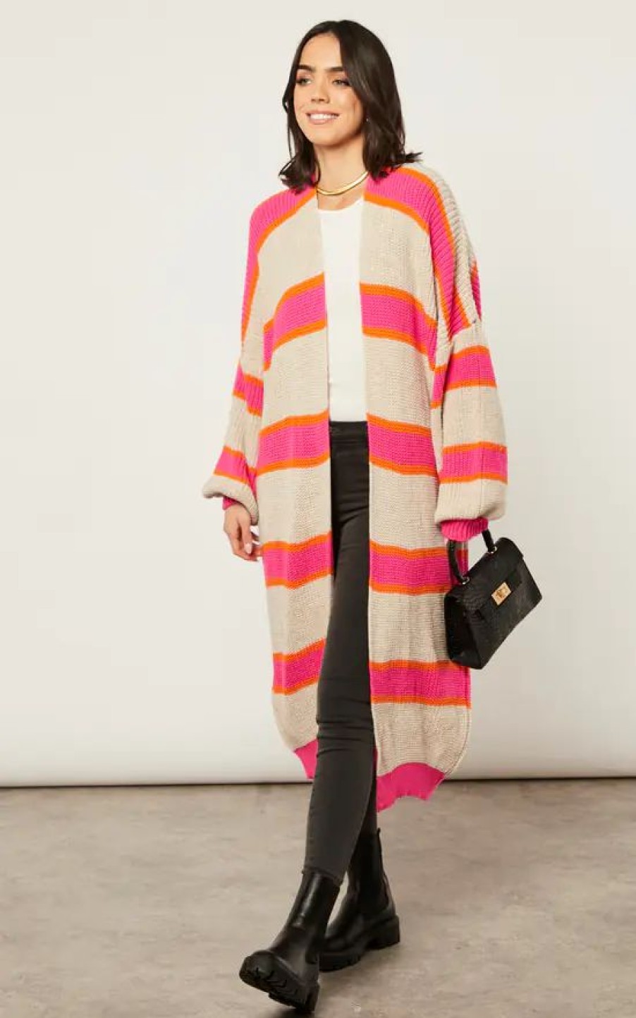 Knitwear * | Budget Jenerique Multicolour Longline Cardigan In Beige/Pink