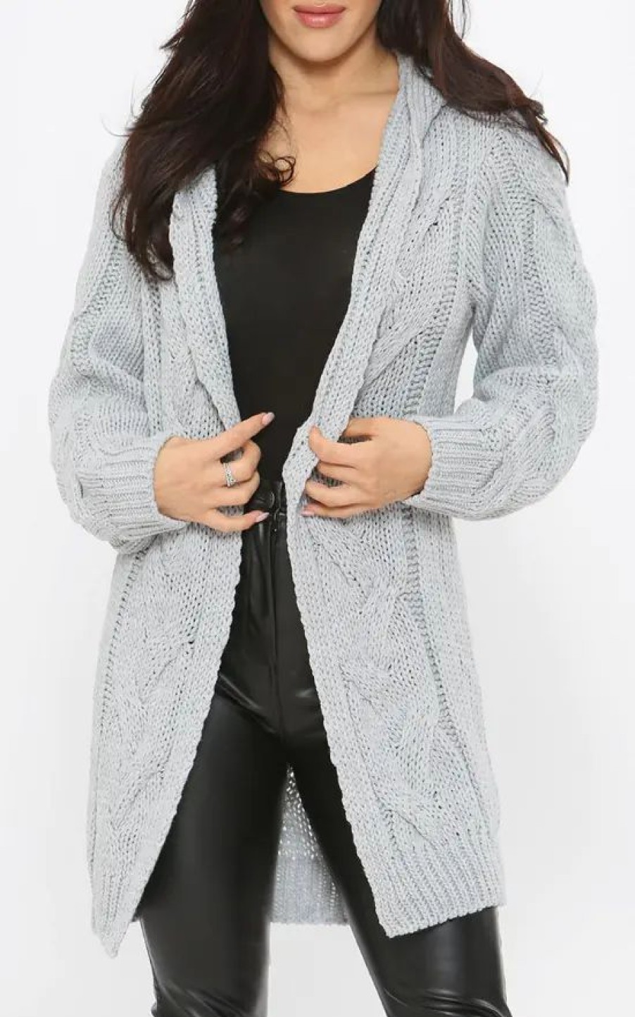 Knitwear * | Best Pirce Ikrush Lexi Cable Knit Long Line Hooded Cardigan In Grey