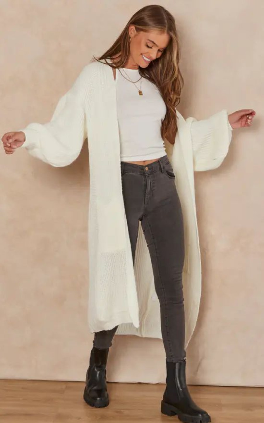 Knitwear * | New Gini London White Long Knitted Cardigan