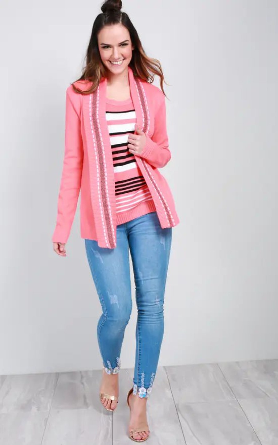 Knitwear * | Deals Oops Fashion Sarah Cardigan In Pink Stripe