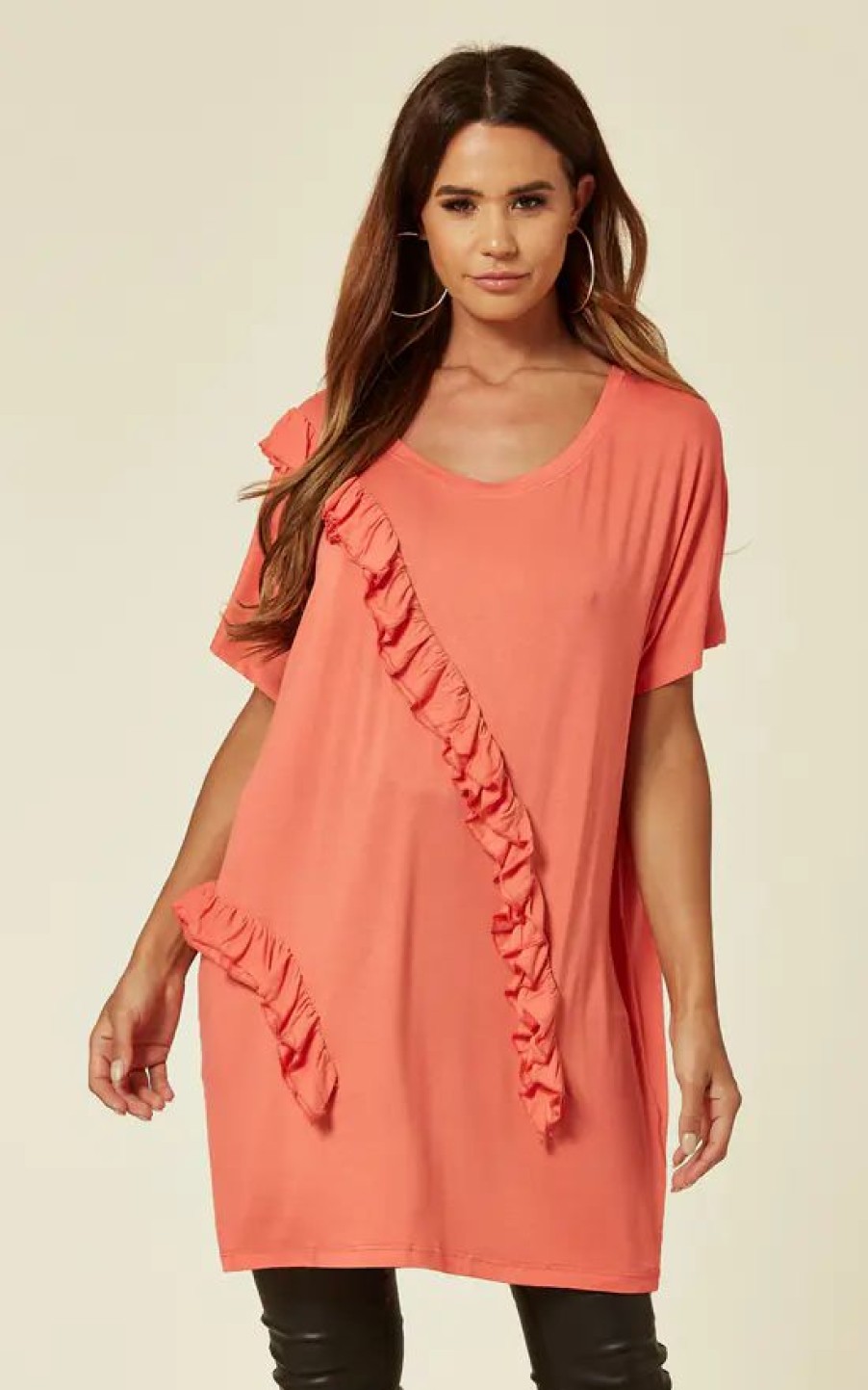 Tops * | Top 10 Malissa J Collection Ruffle Detail T Shirt In Coral