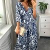 Dresses * | Wholesale Hoxton Gal Oversized V Neck Detailed Floral Print Maxi Dress In Navy And White