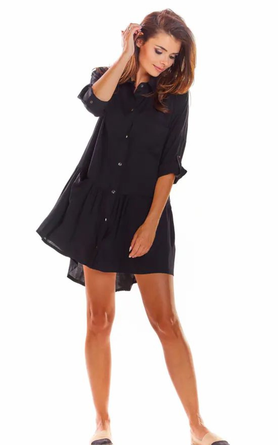 Dresses * | Coupon Awama Mini Shirt Dress With 3/4 Sleeves In Black