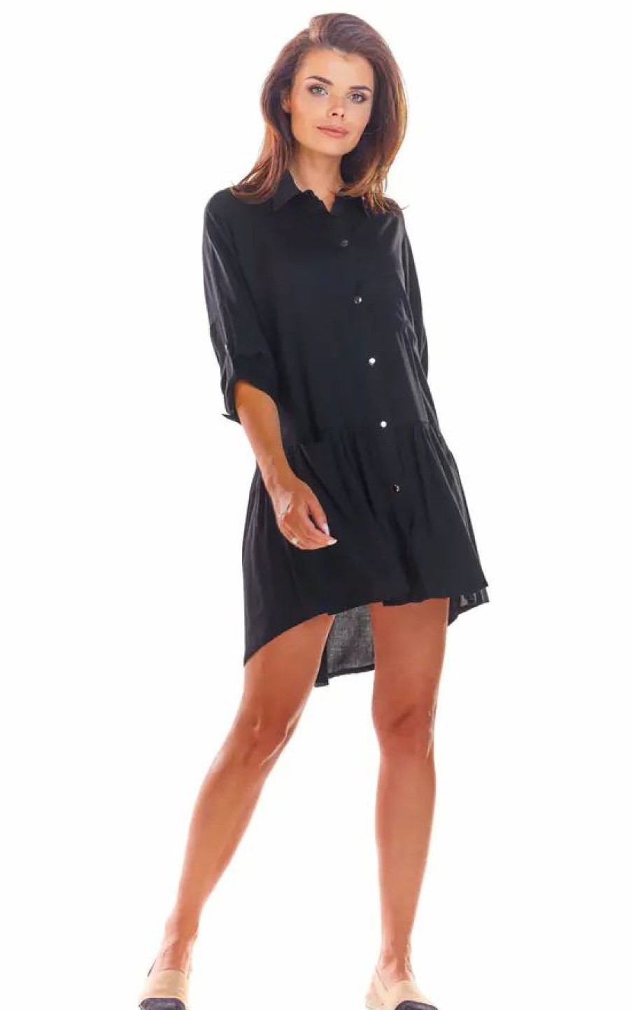 Dresses * | Coupon Awama Mini Shirt Dress With 3/4 Sleeves In Black