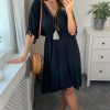 Dresses * | Cheapest Hoxton Gal Oversized Gold Tassel Detailed V Neck Dress In Black