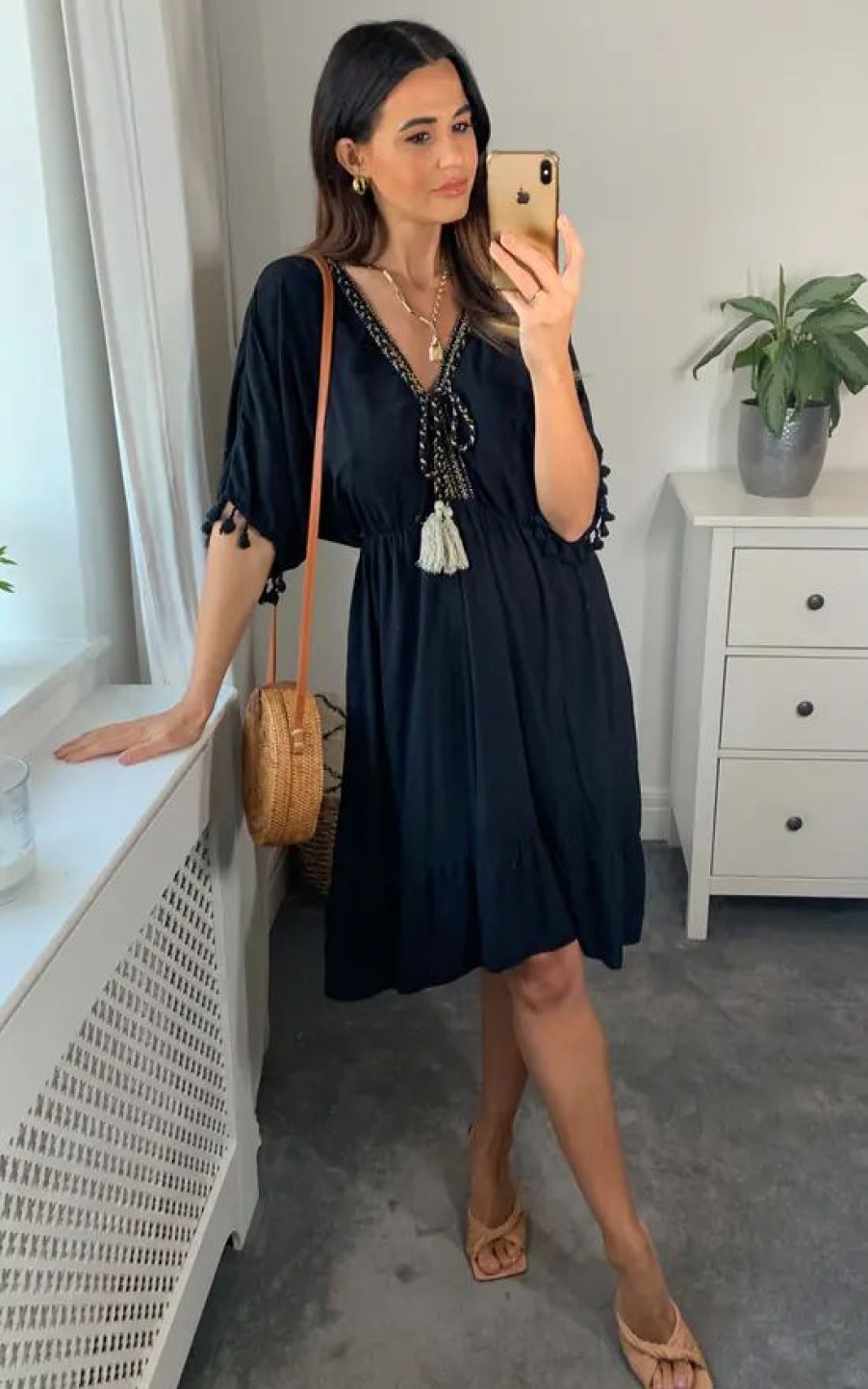 Dresses * | Cheapest Hoxton Gal Oversized Gold Tassel Detailed V Neck Dress In Black