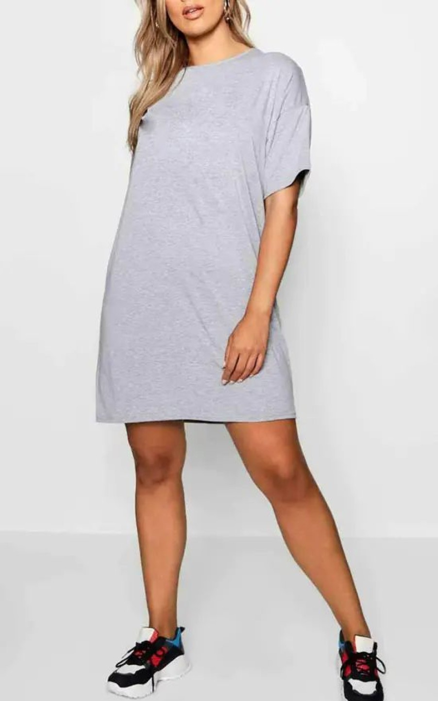 Dresses * | Promo Oops Fashion Grey In Short Sleeve Basic Tshirt Dress