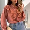 Tops * | Cheapest Hoxton Gal Oversized Frilled Front Shirt With Detailed Cuffs In Pink