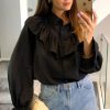 Tops * | Deals Hoxton Gal Oversized Frilled Front Shirt With Detailed Cuffs In Black