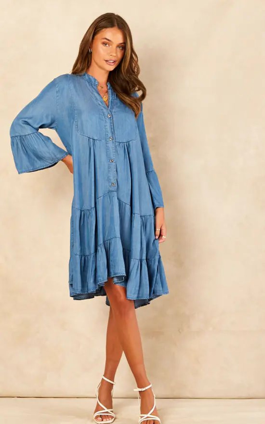 Dresses * | Wholesale Bella And Blue Tiered Denim Mini Dress In Dark Blue