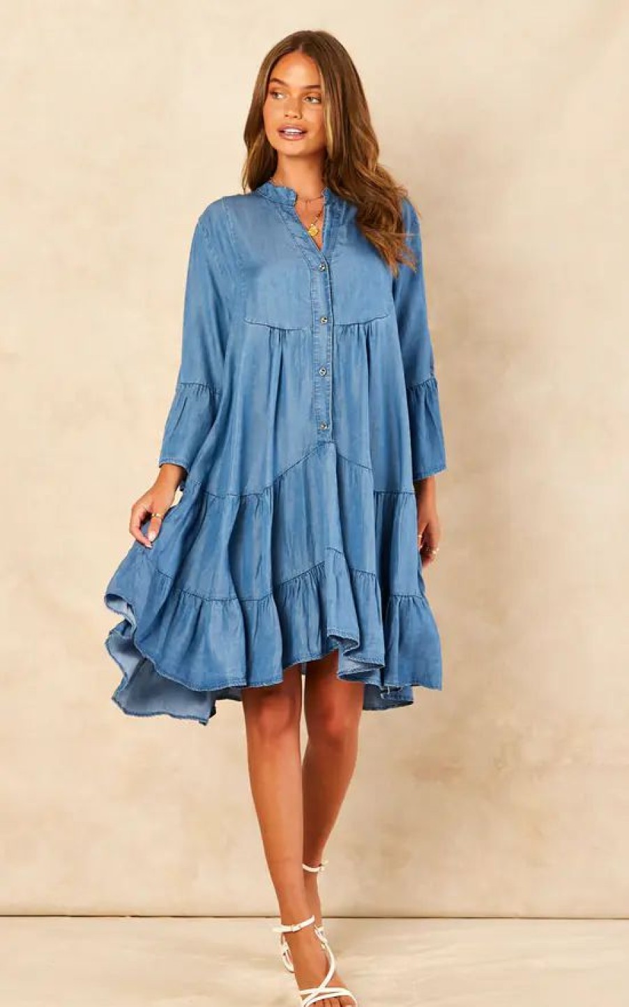 Dresses * | Wholesale Bella And Blue Tiered Denim Mini Dress In Dark Blue