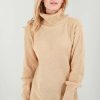 Dresses * | Cheap Oops Fashion Long Sleeve Roll Neck Knitted Dress In Stone