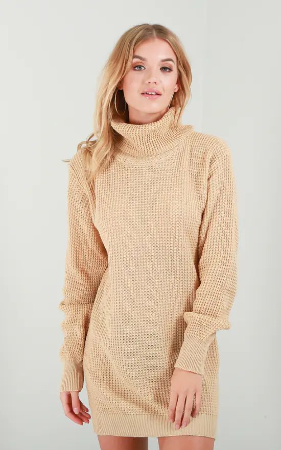 Dresses * | Cheap Oops Fashion Long Sleeve Roll Neck Knitted Dress In Stone