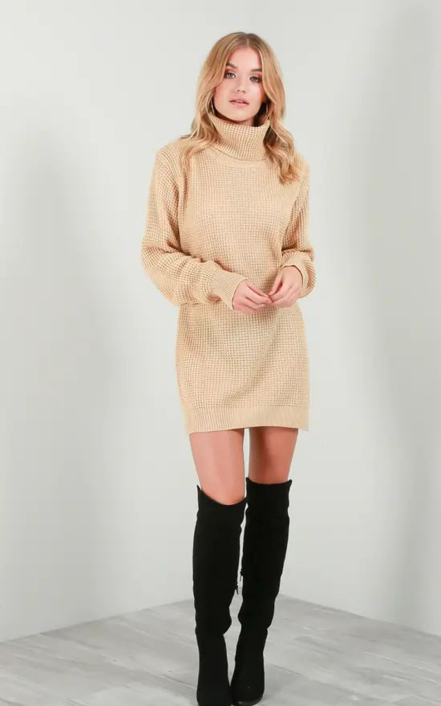 Dresses * | Cheap Oops Fashion Long Sleeve Roll Neck Knitted Dress In Stone