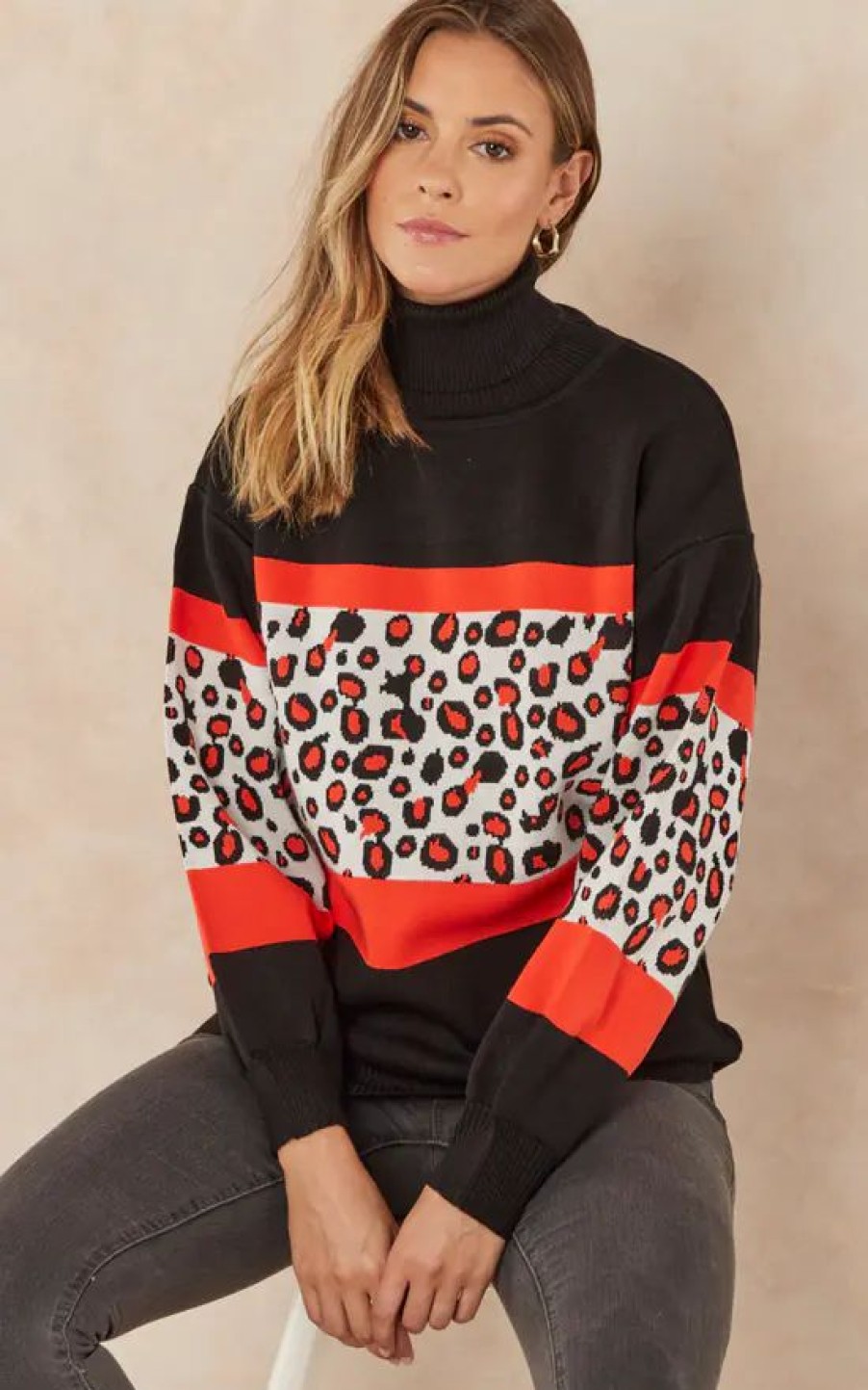 Knitwear * | New Jenerique High Neck Oversize Leopard Jumper In Orange Leopard