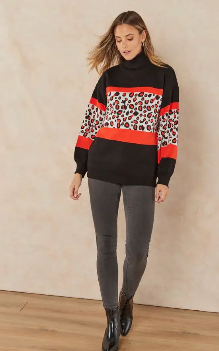 Knitwear * | New Jenerique High Neck Oversize Leopard Jumper In Orange Leopard