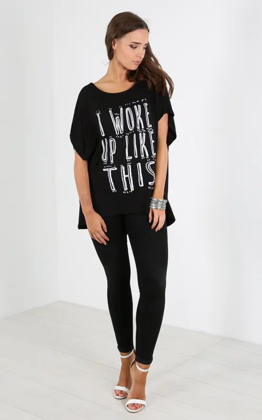 Tops * | Best Reviews Of Oops Fashion Carlie Black Oversized Tshirt With I Woke Up Like This Print