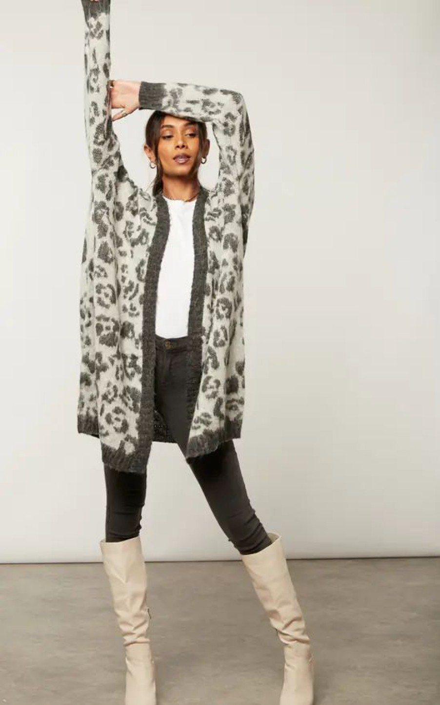 Knitwear * | Best Pirce Religion Longline Fame Cardigan In Grey Leopard Spot Jacquard