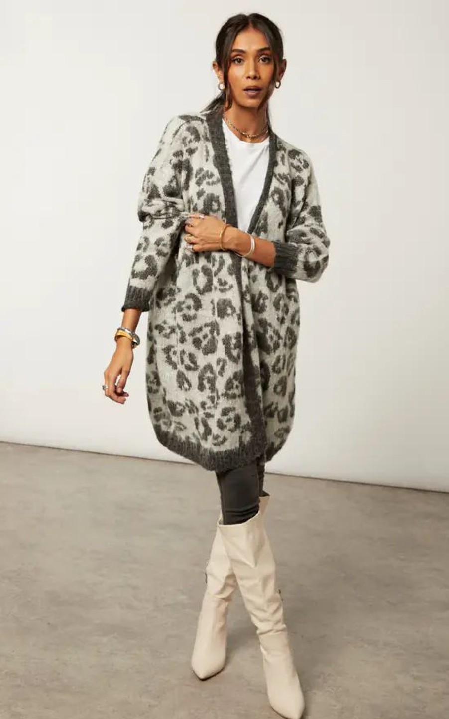 Knitwear * | Best Pirce Religion Longline Fame Cardigan In Grey Leopard Spot Jacquard