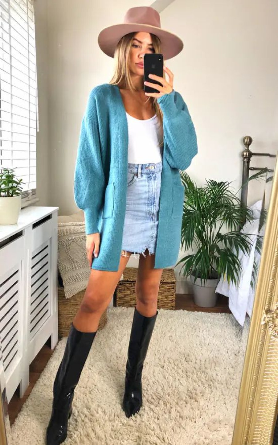 Knitwear * | Buy Yumi Blue Knitted Long Cardigan With Pocket