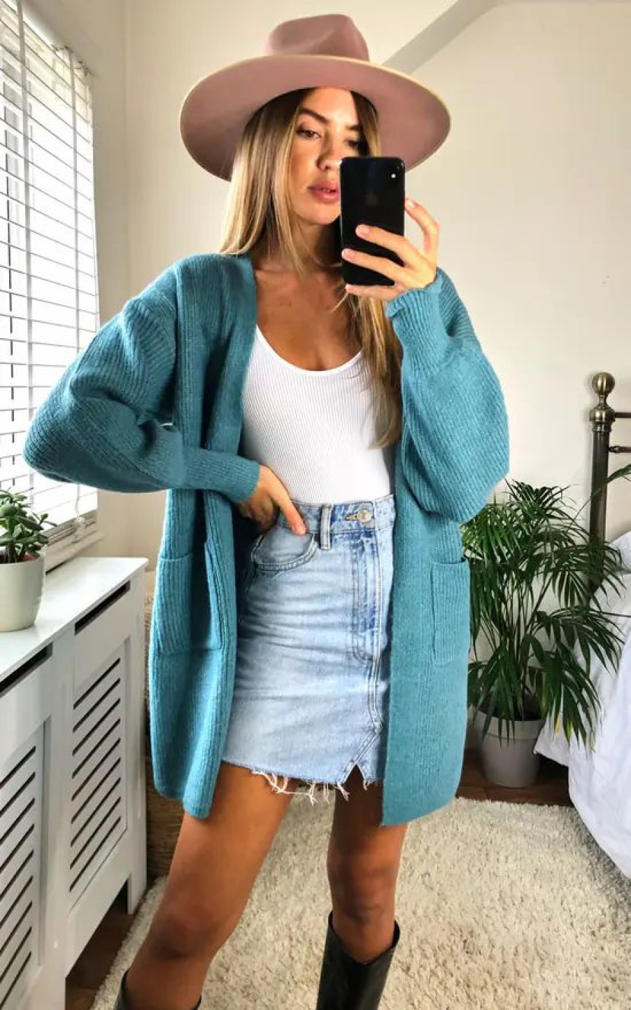 Knitwear * | Buy Yumi Blue Knitted Long Cardigan With Pocket