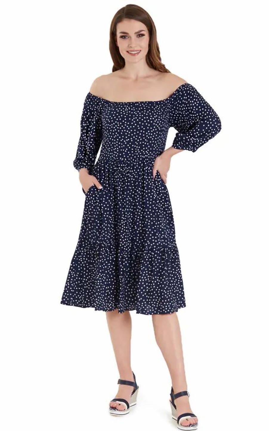 Dresses * | New Dolly And Dotty Oversized Floaty Off The Shoulder Day Casual Dress In Navy & White Polka Dots