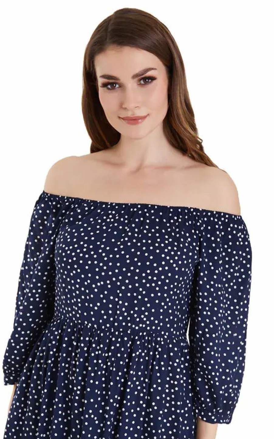 Dresses * | New Dolly And Dotty Oversized Floaty Off The Shoulder Day Casual Dress In Navy & White Polka Dots