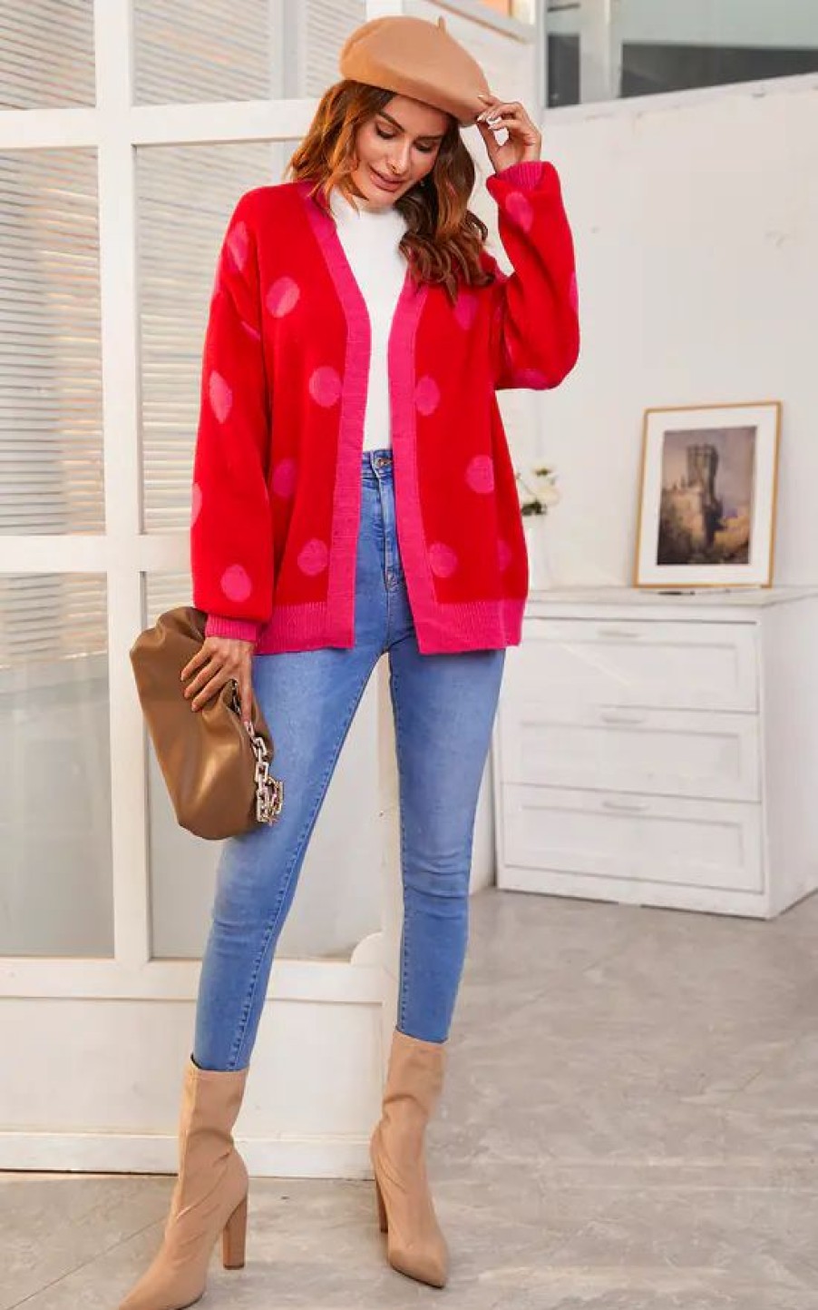 Knitwear * | Best Reviews Of Fs Collection Chic Pink Polka Dot Pattern Cardigan Top In Red