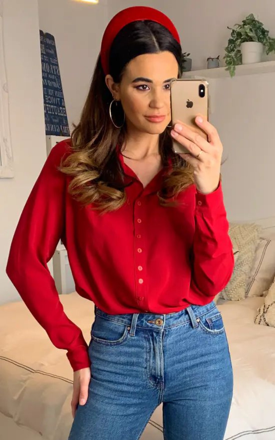 Tops * | Wholesale Hoxton Gal Button Details Relaxed Crepe Shirt In Red