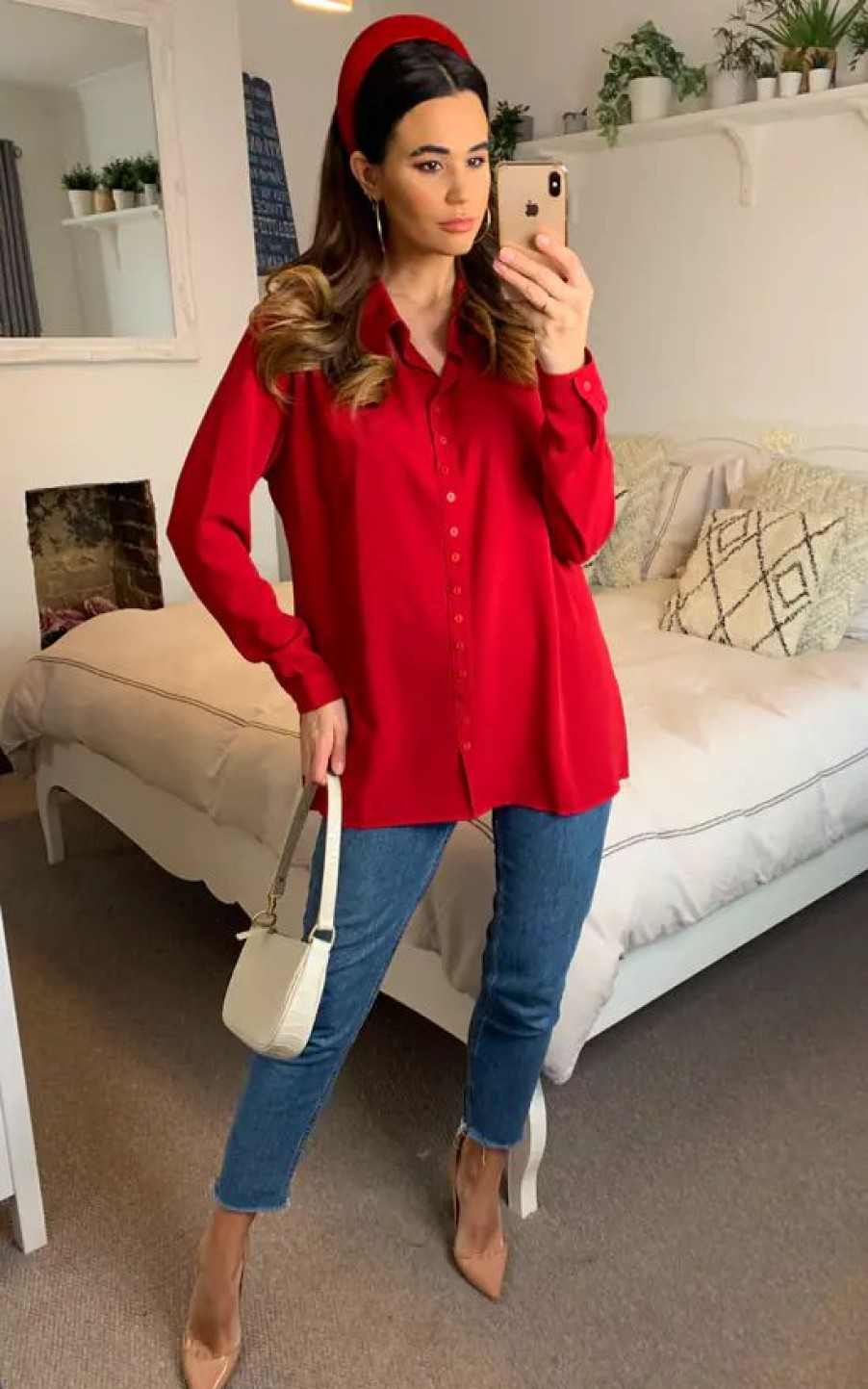 Tops * | Wholesale Hoxton Gal Button Details Relaxed Crepe Shirt In Red