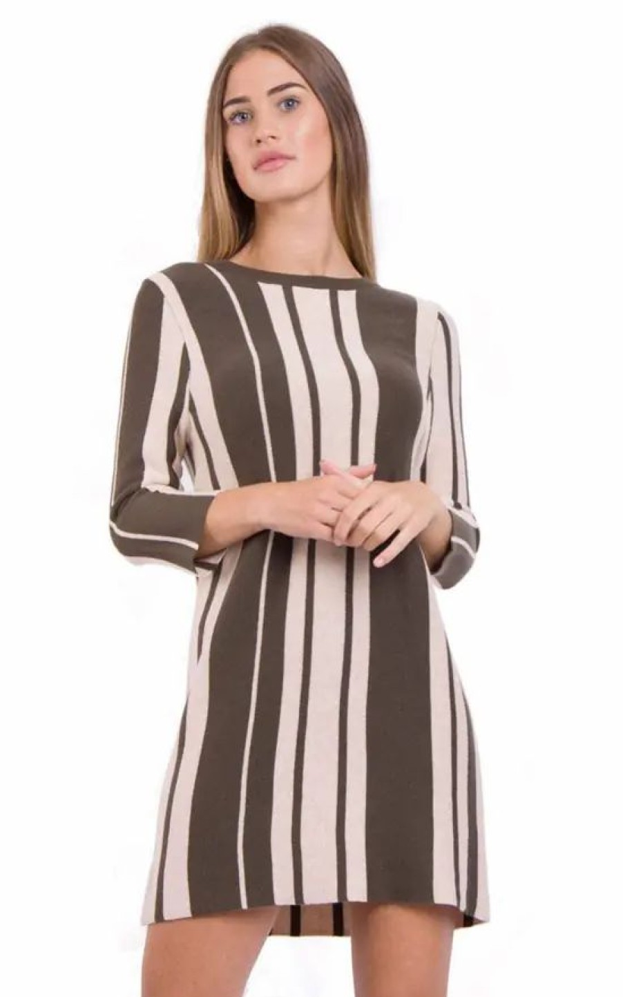 Dresses * | Coupon Loes House Vertical Stripe Jumper Dress In Khaki Green