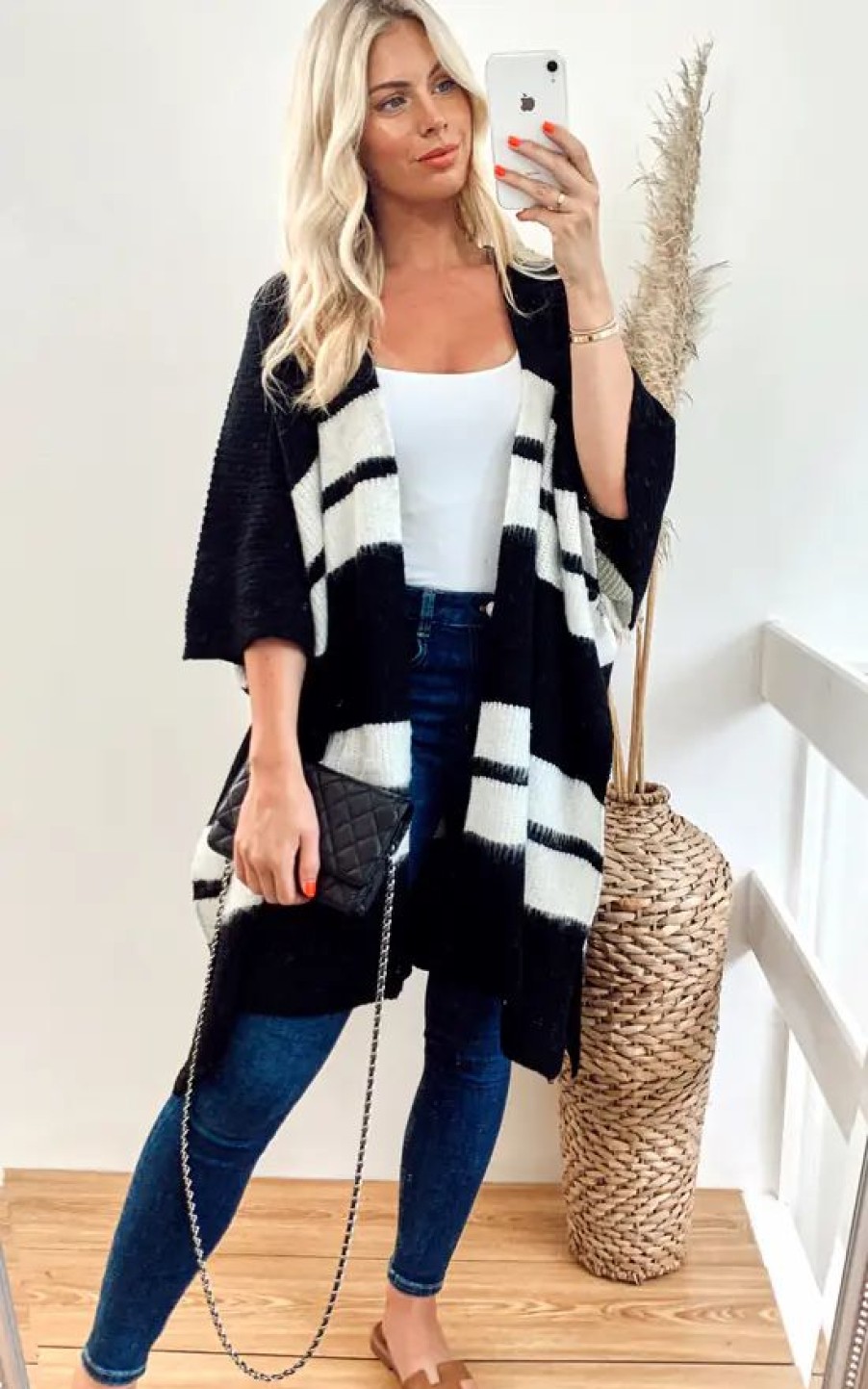 Knitwear * | Coupon Cy Boutique Knitted Poncho Cape In Black And White Stripe