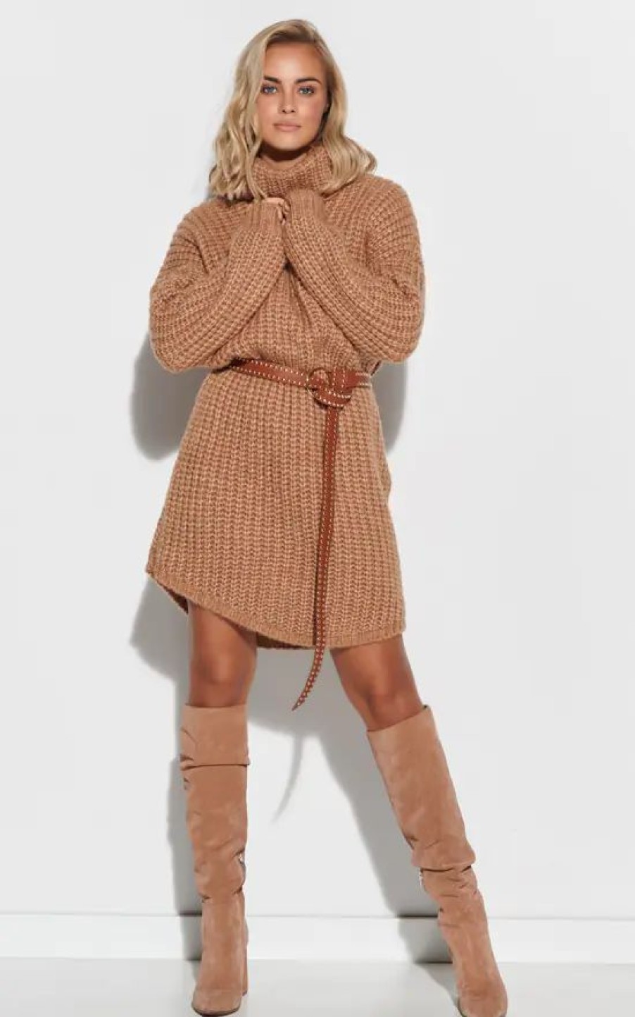 Dresses * | Brand New Makadamia Knitted Sweater Mini Dress In Light Brown