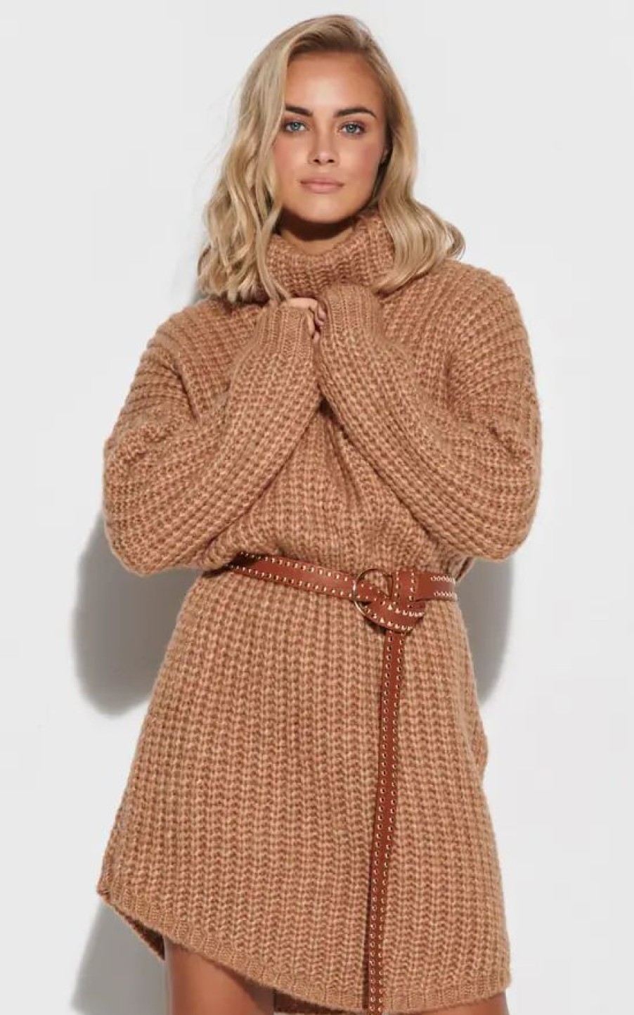 Dresses * | Brand New Makadamia Knitted Sweater Mini Dress In Light Brown