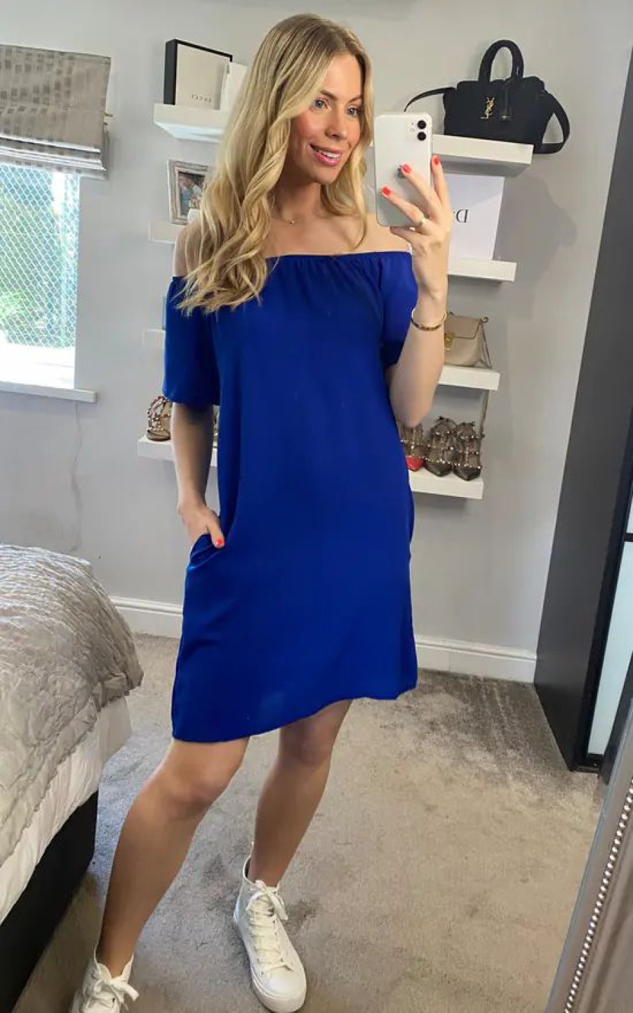 Dresses * | Best Pirce Hoxton Gal Off Shoulder Mini Dress In Royal Blue