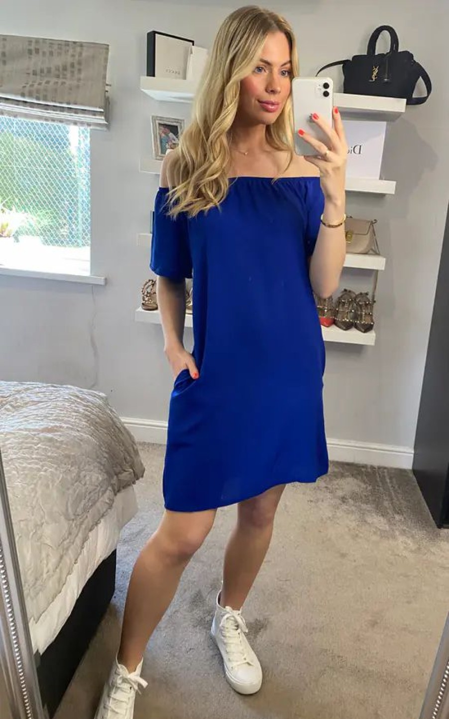 Dresses * | Best Pirce Hoxton Gal Off Shoulder Mini Dress In Royal Blue