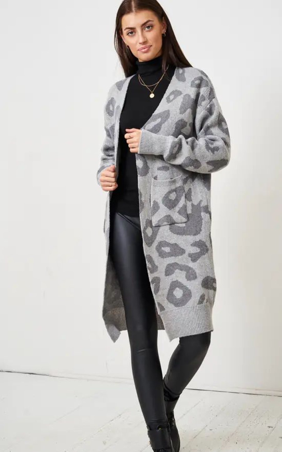 Knitwear * | Top 10 Love Frontrow Grey Leopard Print Mid Oversized Cardigan