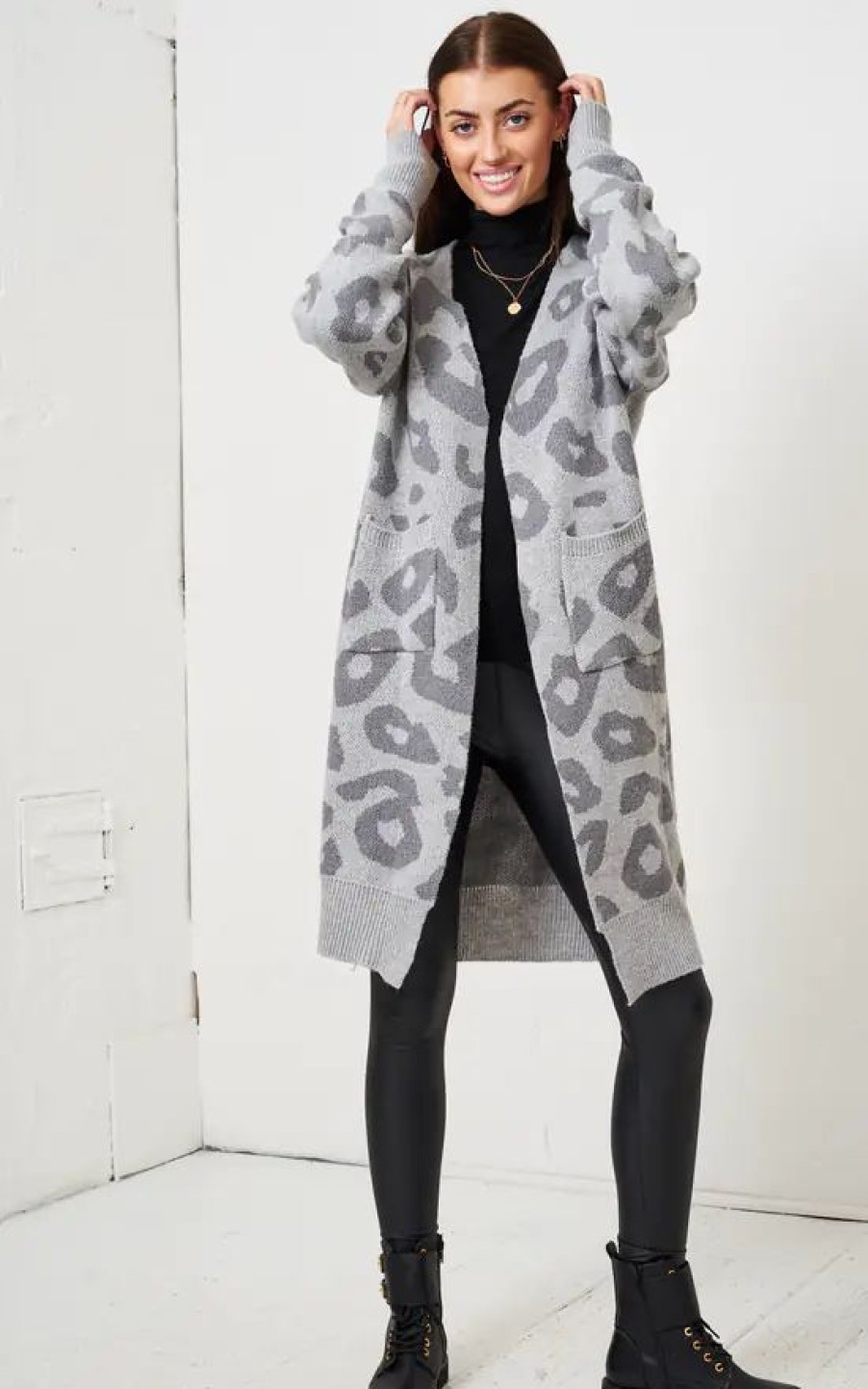 Knitwear * | Top 10 Love Frontrow Grey Leopard Print Mid Oversized Cardigan