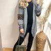 Knitwear * | Budget Cy Boutique Long Cardigan With Leopard Print Faux Fur Embellished Sleeves In Grey